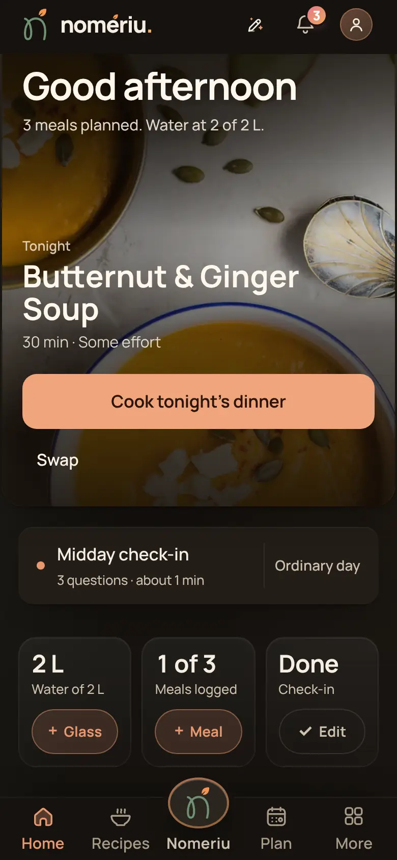 The Nomeriu home screen with tonight's dinner