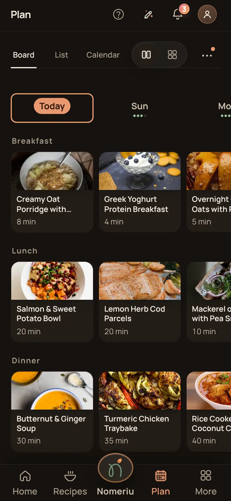 The Nomeriu plan board with a week of dinners