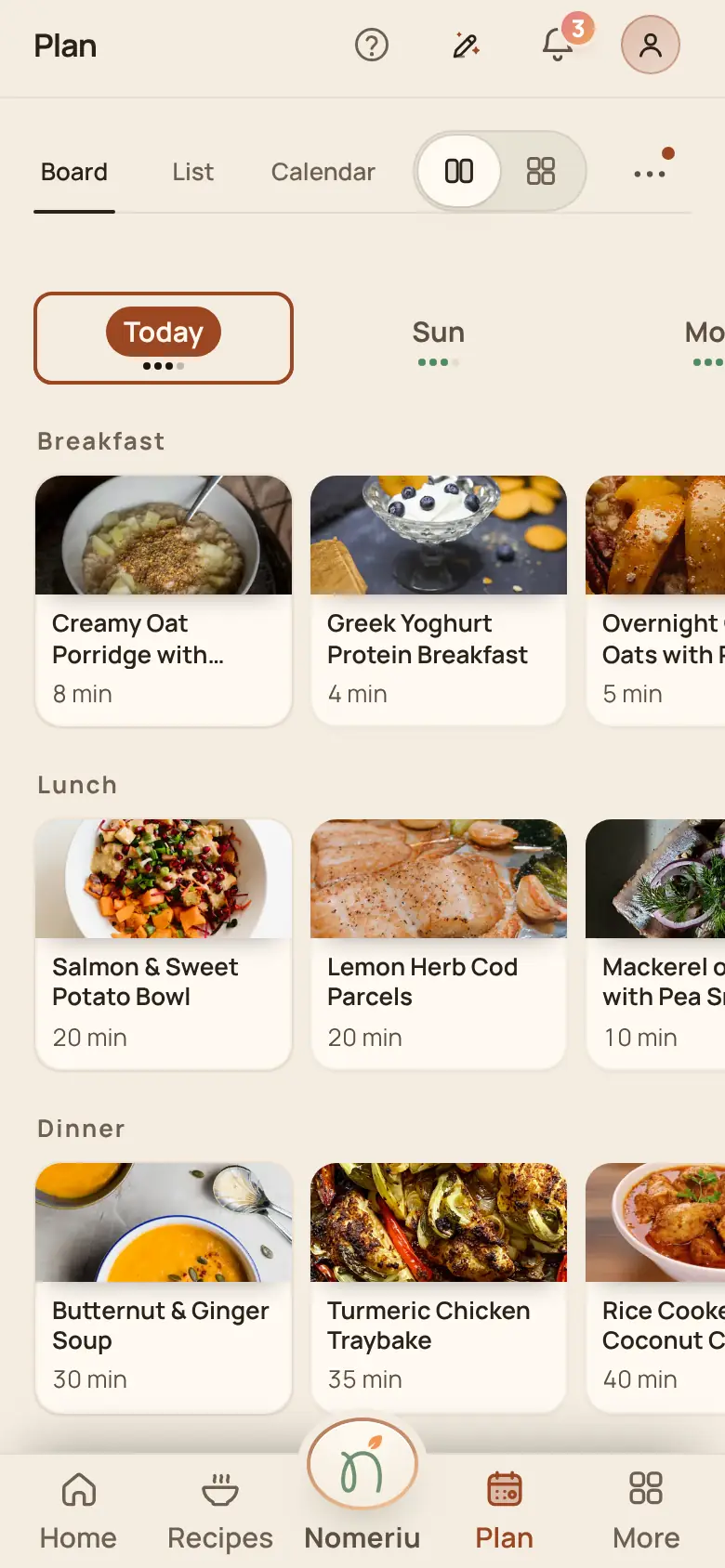 The Nomeriu plan board with a week of dinners