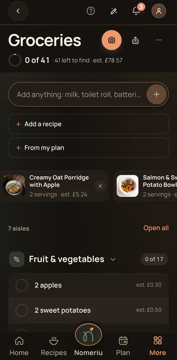 The Nomeriu shopping list with cost and tools