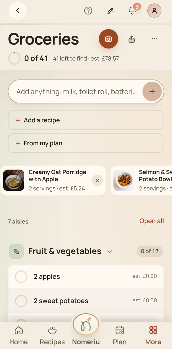The Nomeriu shopping list with cost and tools