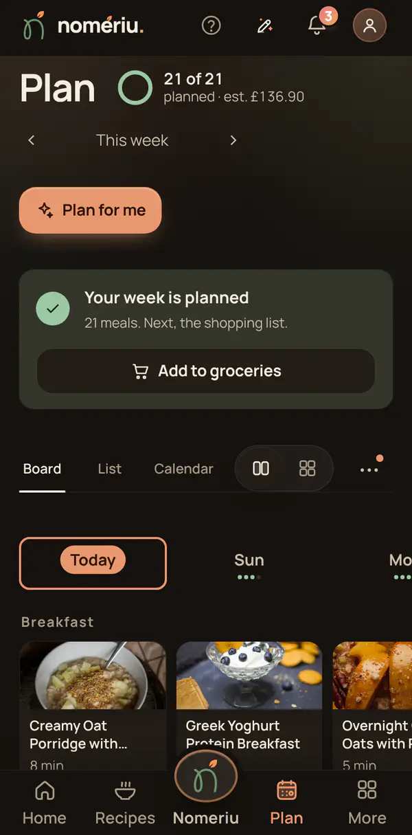 The Nomeriu plan screen with Plan your week in 2 minutes