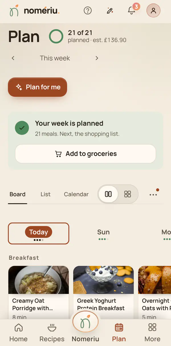 The Nomeriu plan screen with Plan your week in 2 minutes